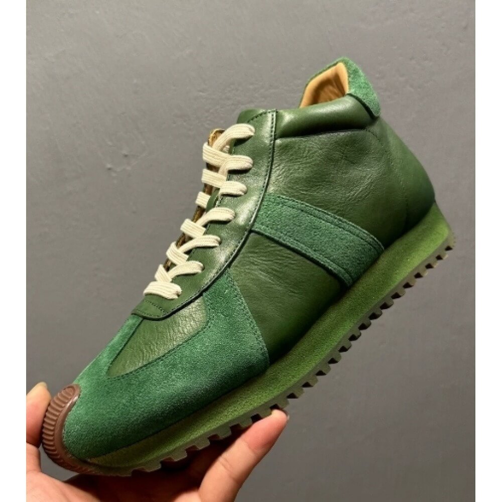 Men'S Shoes Green And White - Retro Green Leather & Suede High-top