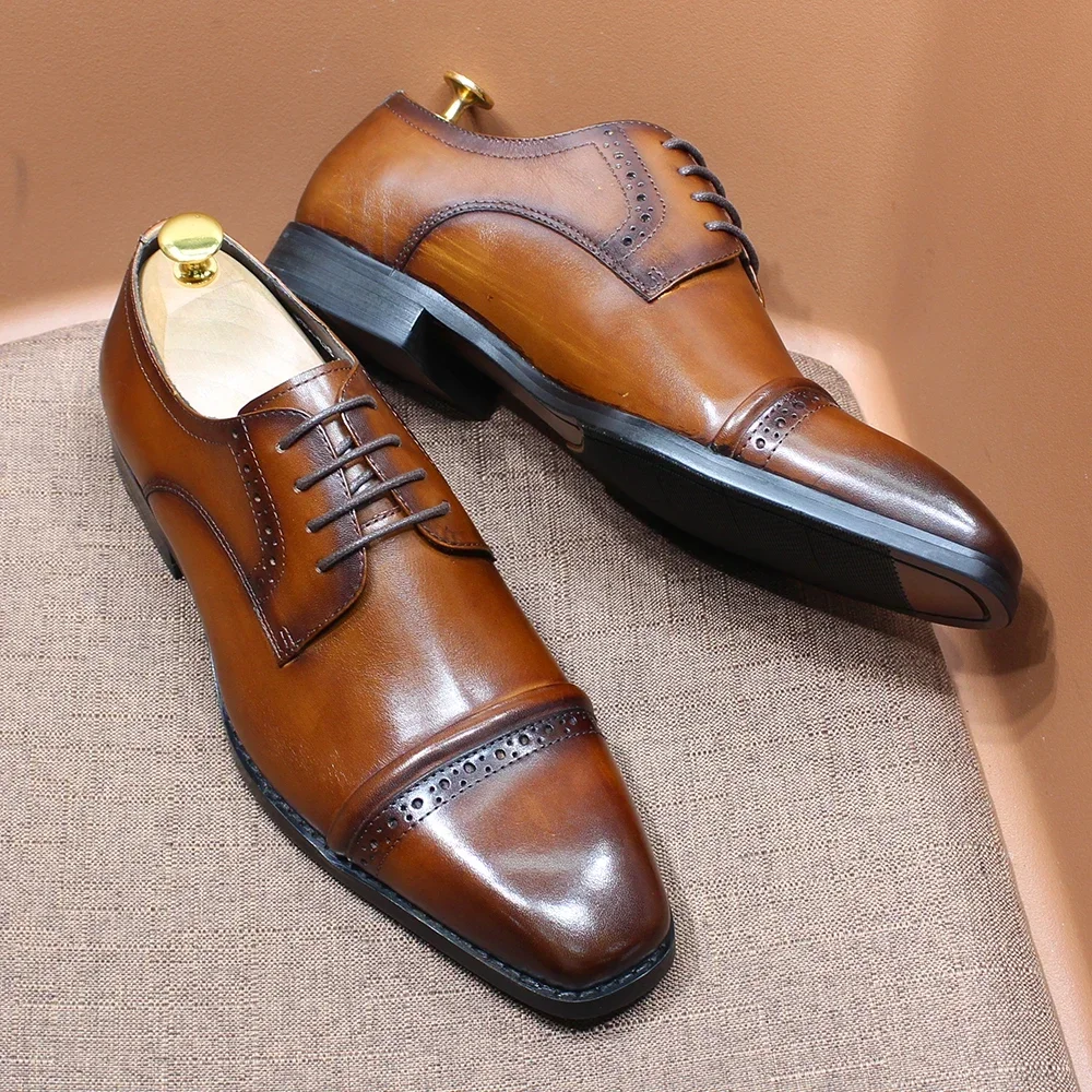 Men'S Shoes Smart - Sturdy Cap-Toe Oxfords Genuine Leather Burnished
