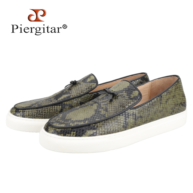 Men'S Shoes Green And White - Piergitar Army Green/Black Snake Print Calfskin